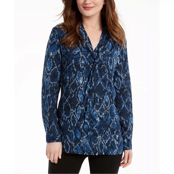 Nine West Women's Blue Snake Print Tie Neck Tunic Blouse Shirt Top M - Picture 3 of 11